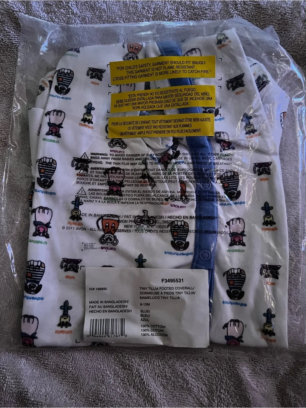 Avon Tiny Tillia White Baby Coverall with Blue Trim and Multicolor Animal Prints